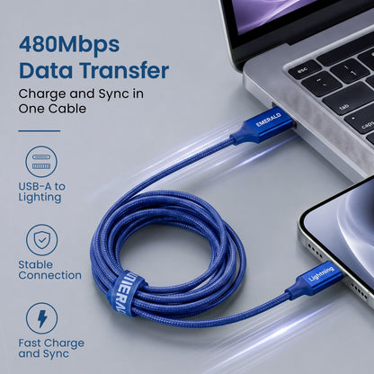 Emerald 10ft Braided USB-A to Lightning, Fast Charging & Data Syncing Cable Compatible with iPhone