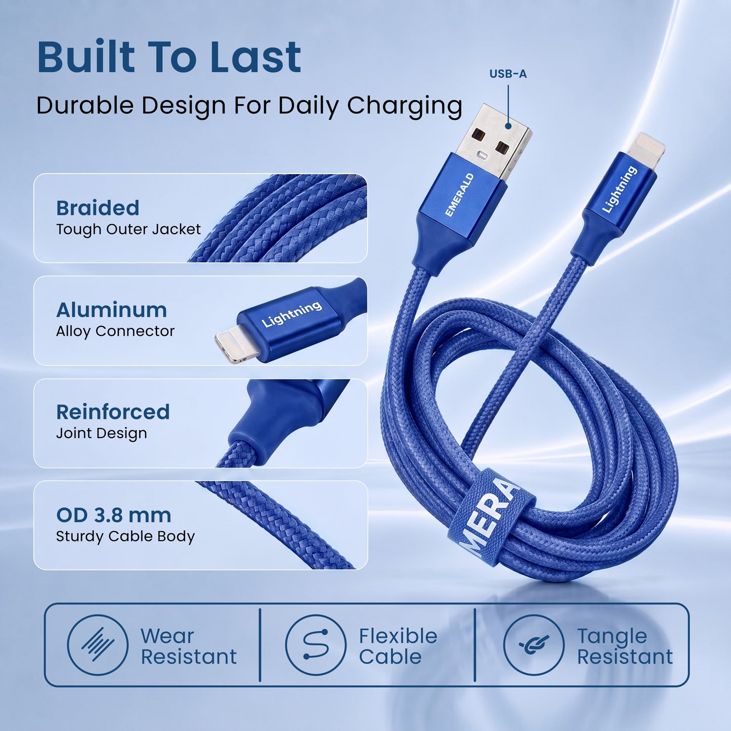 Emerald 10ft Braided USB-A to Lightning, Fast Charging & Data Syncing Cable Compatible with iPhone