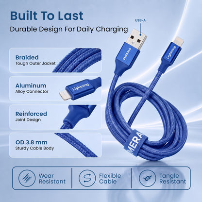 Emerald 10ft Braided USB-A to Lightning, Fast Charging & Data Syncing Cable Compatible with iPhone