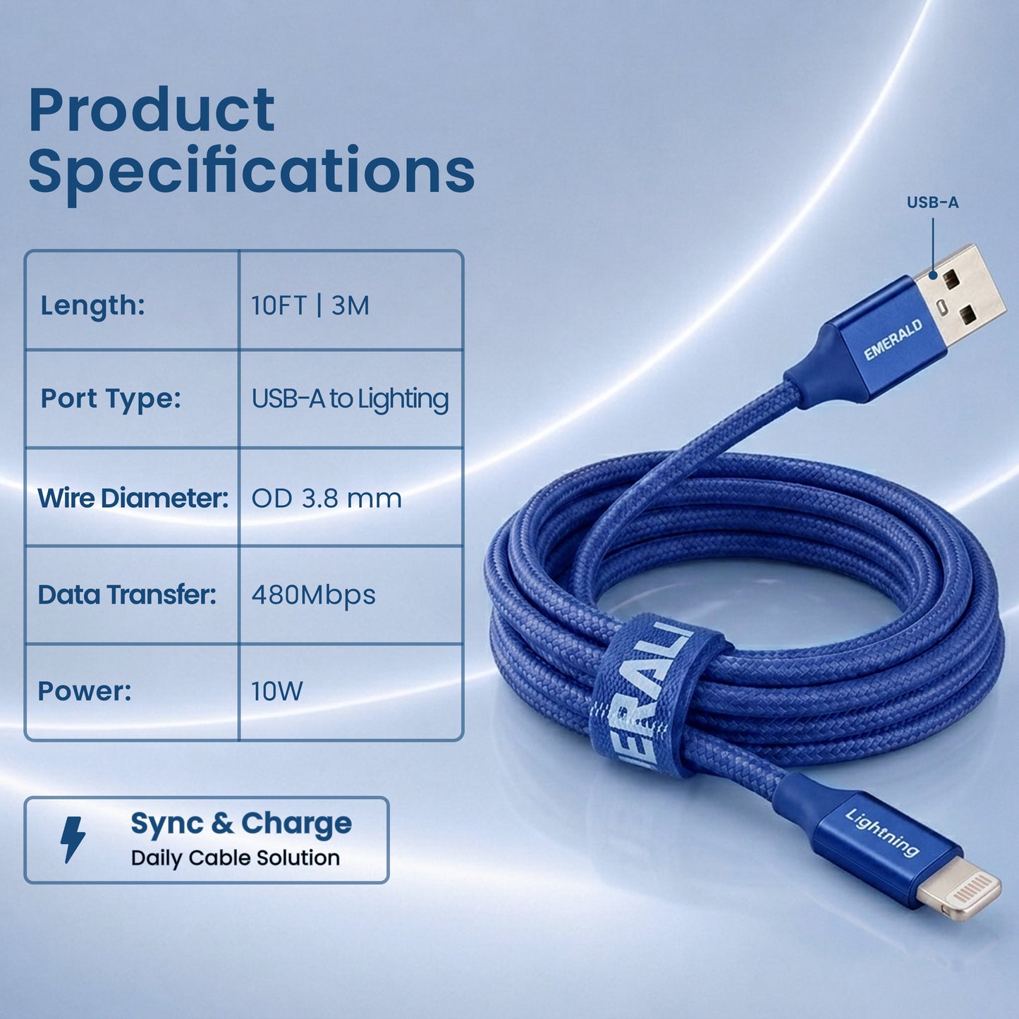 Emerald 10ft Braided USB-A to Lightning, Fast Charging & Data Syncing Cable Compatible with iPhone
