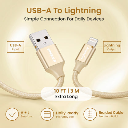 Emerald 10ft Braided USB-A to Lightning, Fast Charging & Data Syncing Cable Compatible with iPhone
