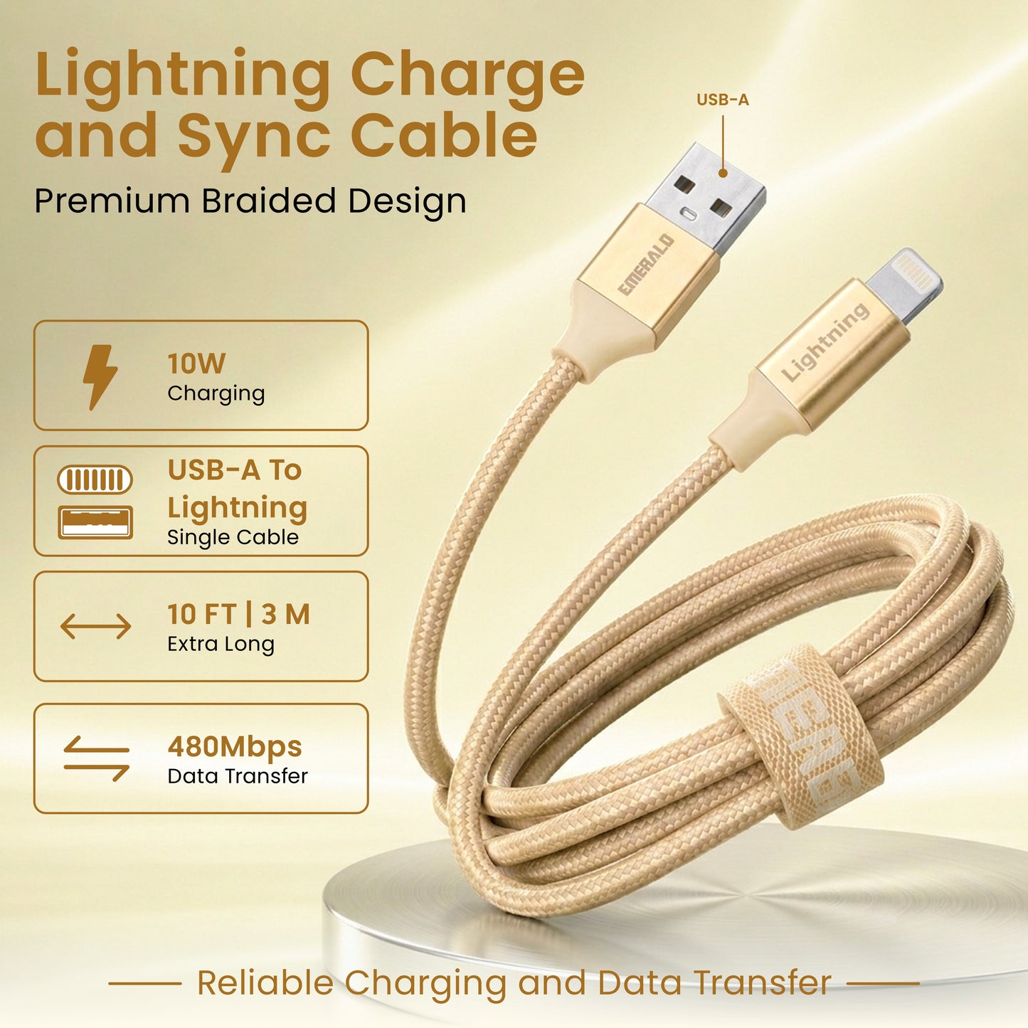 Emerald 10ft Braided USB-A to Lightning, Fast Charging & Data Syncing Cable Compatible with iPhone