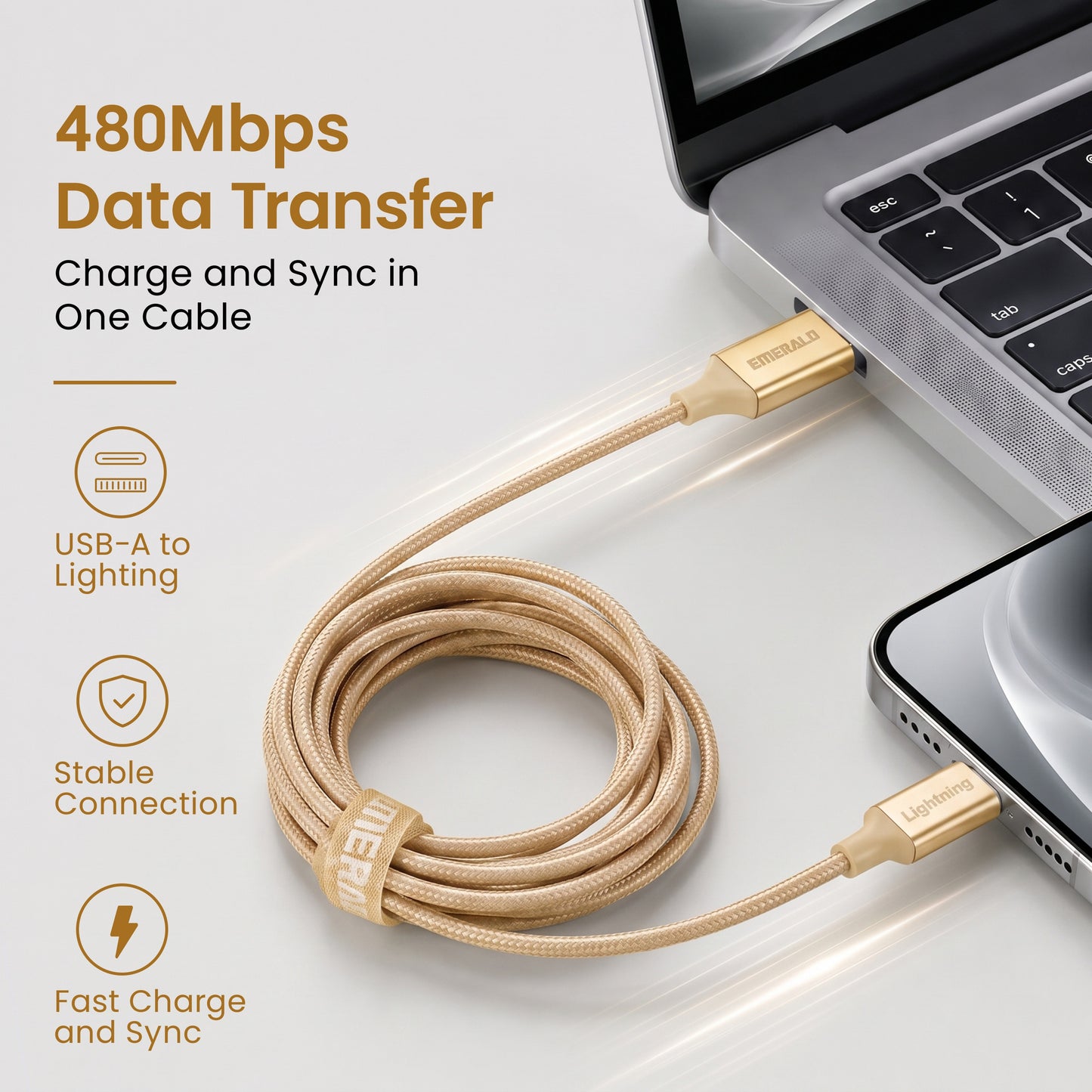 Emerald 10ft Braided USB-A to Lightning, Fast Charging & Data Syncing Cable Compatible with iPhone