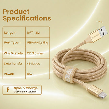 Emerald 10ft Braided USB-A to Lightning, Fast Charging & Data Syncing Cable Compatible with iPhone