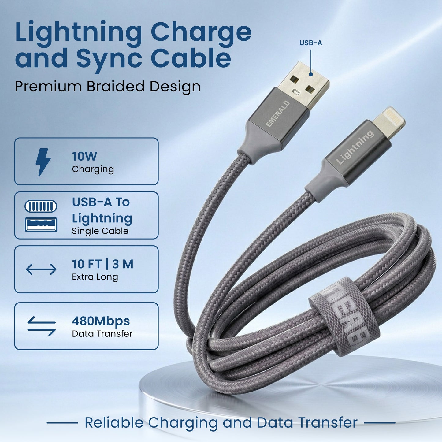 Emerald 10ft Braided USB-A to Lightning, Fast Charging & Data Syncing Cable Compatible with iPhone