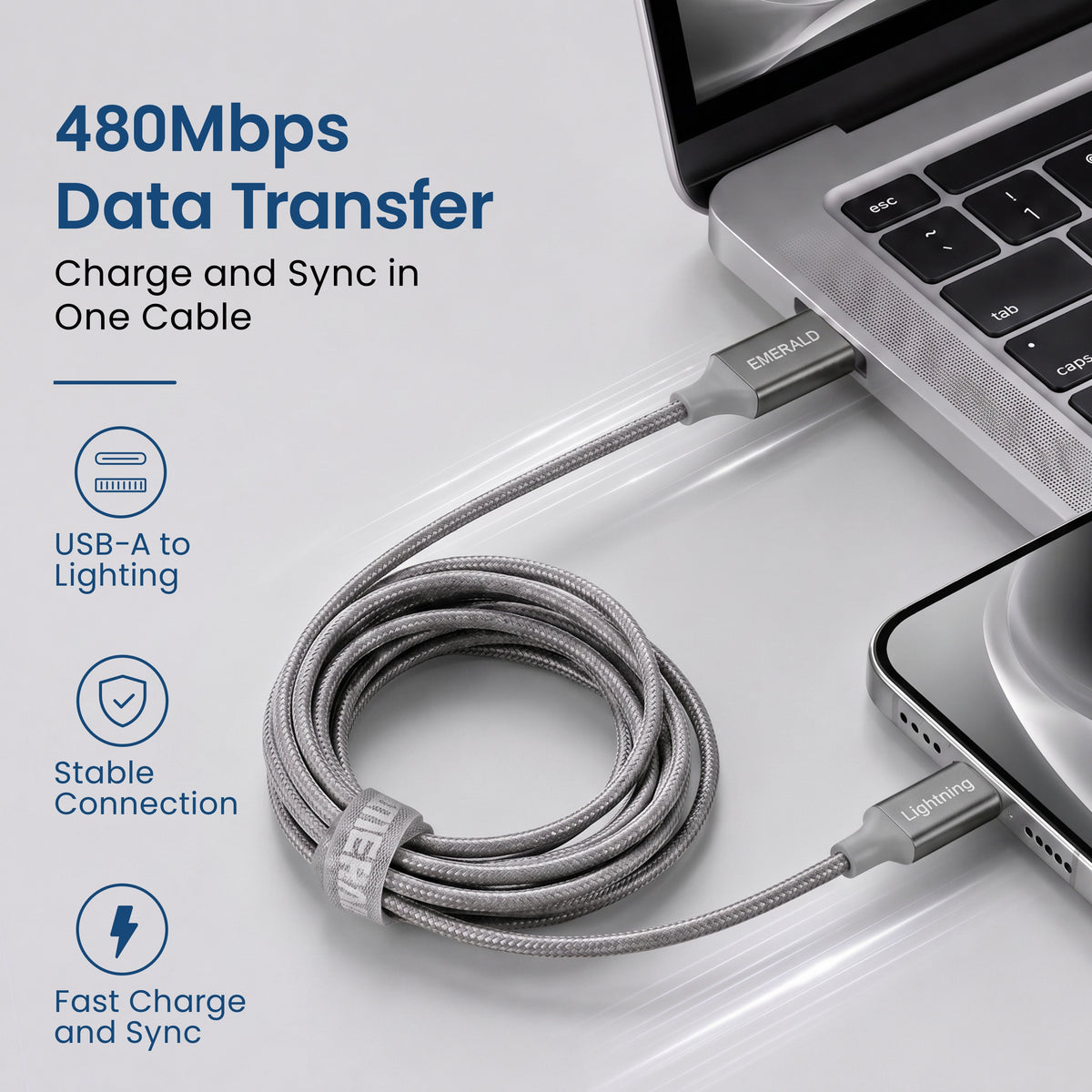 Emerald 10ft Braided USB-A to Lightning, Fast Charging & Data Syncing Cable Compatible with iPhone