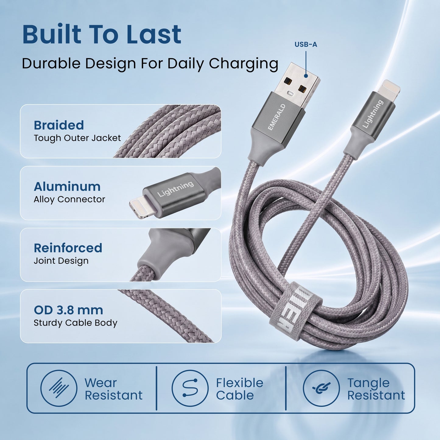 Emerald 10ft Braided USB-A to Lightning, Fast Charging & Data Syncing Cable Compatible with iPhone