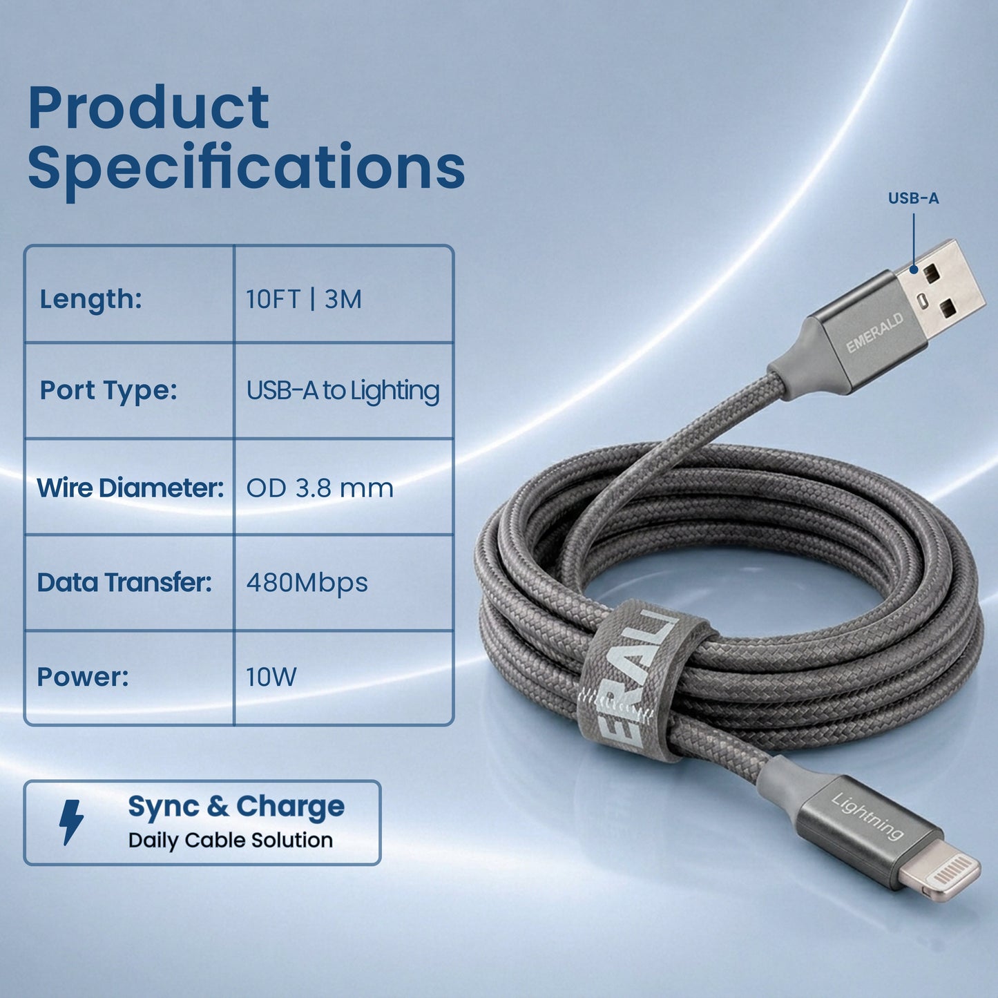 Emerald 10ft Braided USB-A to Lightning, Fast Charging & Data Syncing Cable Compatible with iPhone