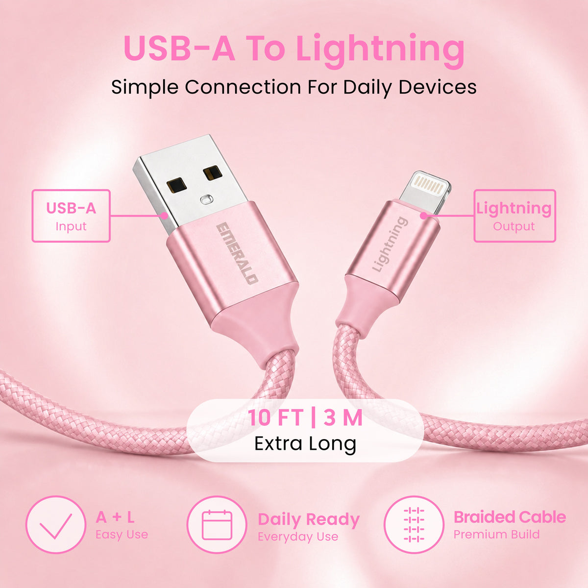 Emerald 10ft Braided USB-A to Lightning, Fast Charging & Data Syncing Cable Compatible with iPhone