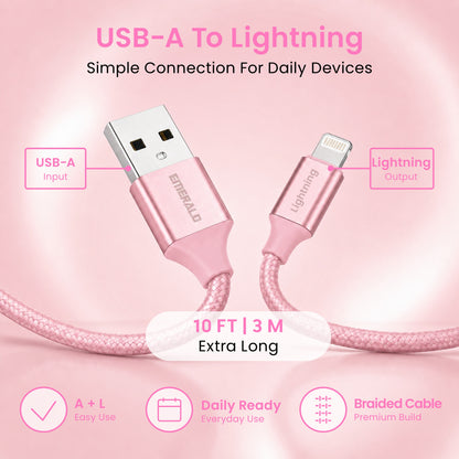 Emerald 10ft Braided USB-A to Lightning, Fast Charging & Data Syncing Cable Compatible with iPhone