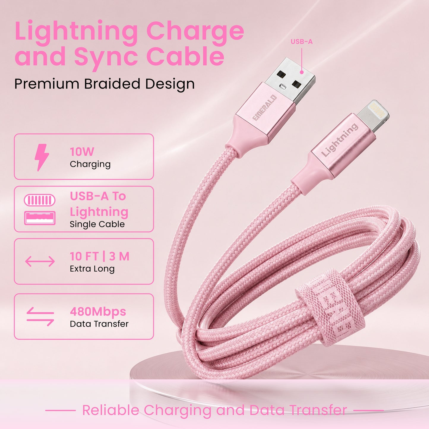Emerald 10ft Braided USB-A to Lightning, Fast Charging & Data Syncing Cable Compatible with iPhone