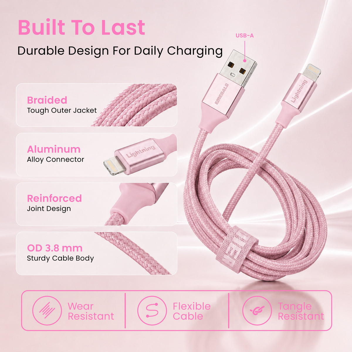Emerald 10ft Braided USB-A to Lightning, Fast Charging & Data Syncing Cable Compatible with iPhone
