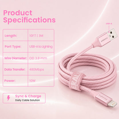 Emerald 10ft Braided USB-A to Lightning, Fast Charging & Data Syncing Cable Compatible with iPhone