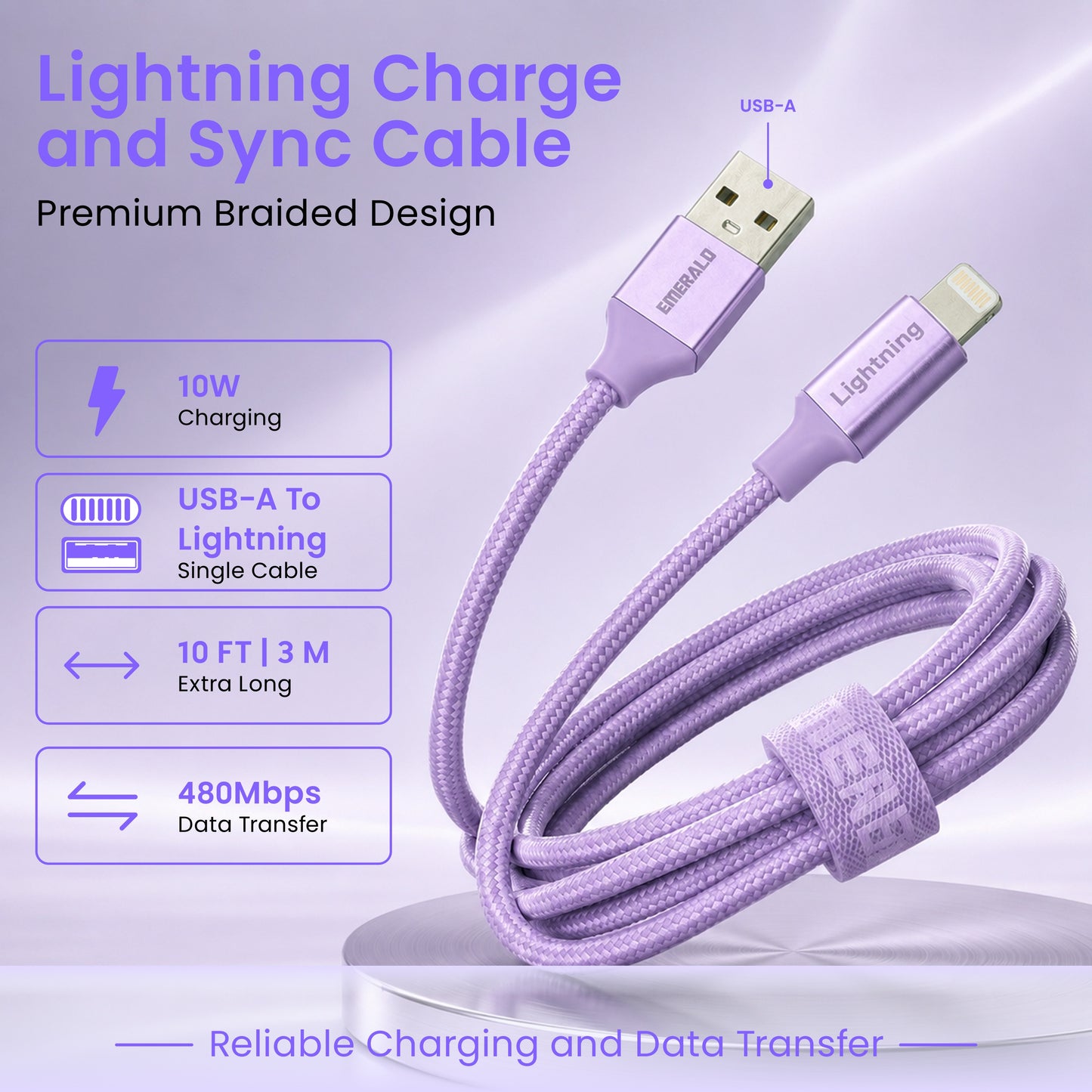 Emerald 10ft Braided USB-A to Lightning, Fast Charging & Data Syncing Cable Compatible with iPhone