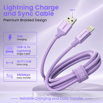 Emerald 10ft Braided USB-A to Lightning, Fast Charging & Data Syncing Cable Compatible with iPhone