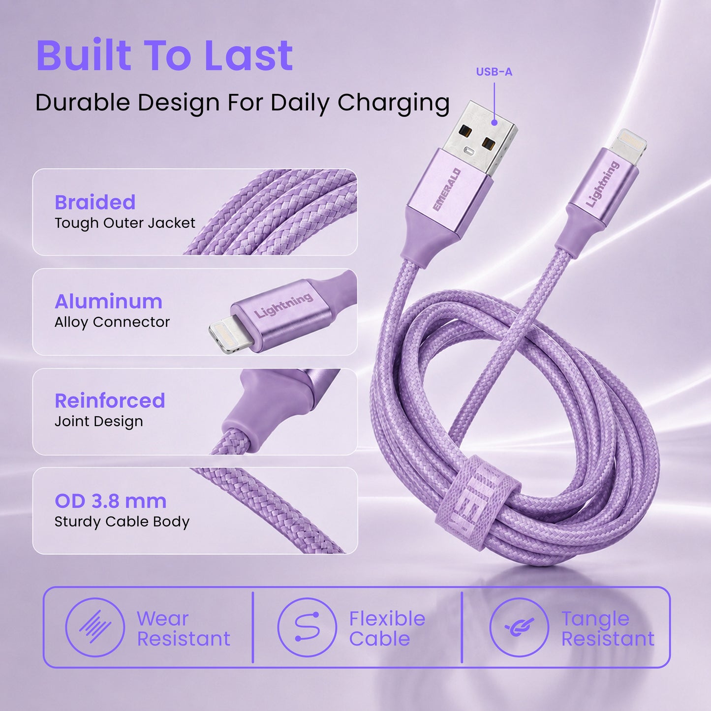 Emerald 10ft Braided USB-A to Lightning, Fast Charging & Data Syncing Cable Compatible with iPhone