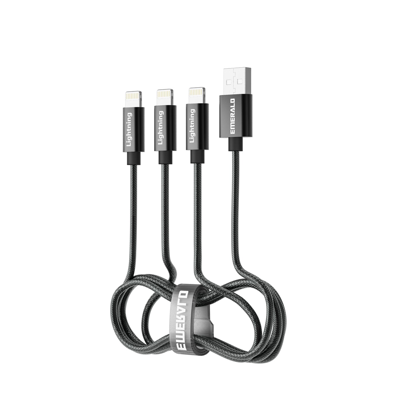 Emerald 6ft 3-in-1 Braided USB-A to Triple Lightning, Charging & Data Syncing Cable - Black