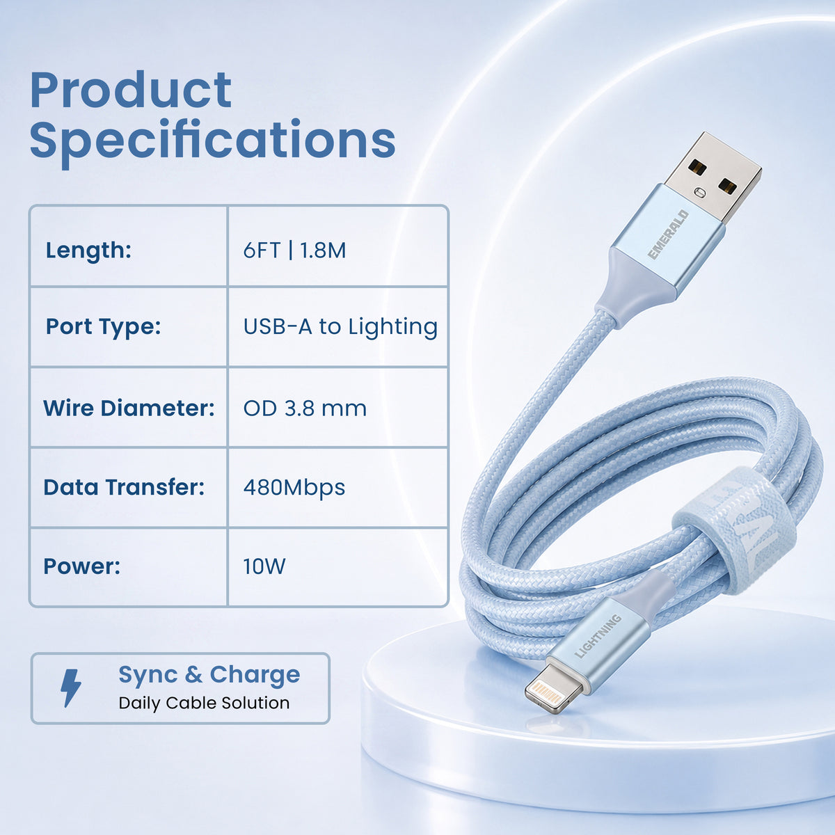 Emerald 6ft Braided USB-A to Lightning, Fast Charging & Data Syncing Cable Compatible with iPhone