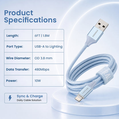 Emerald 6ft Braided USB-A to Lightning, Fast Charging & Data Syncing Cable Compatible with iPhone