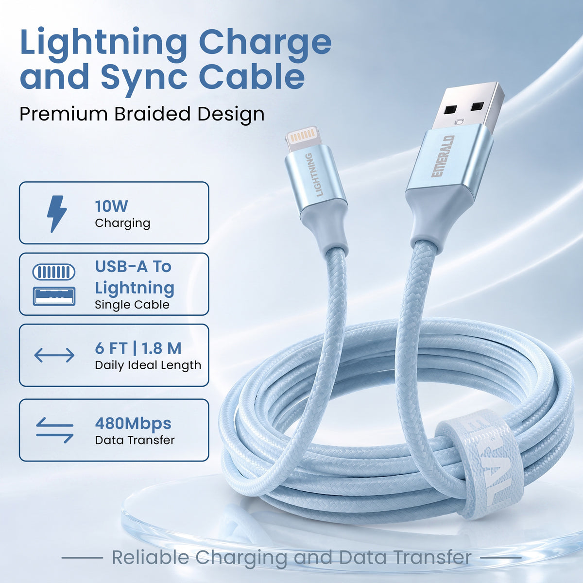 Emerald 6ft Braided USB-A to Lightning, Fast Charging & Data Syncing Cable Compatible with iPhone