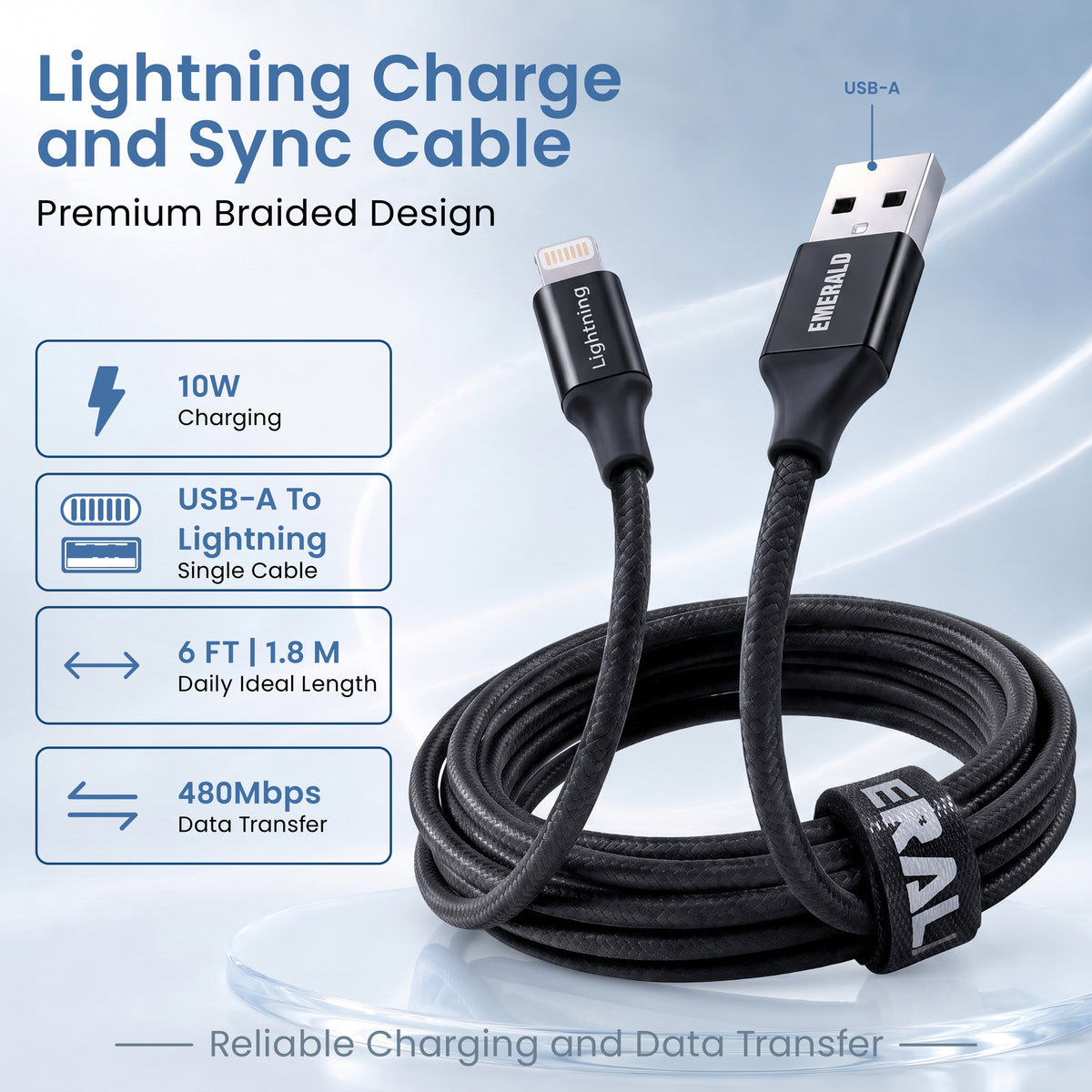 Emerald 6ft Braided USB-A to Lightning, Fast Charging & Data Syncing Cable Compatible with iPhone