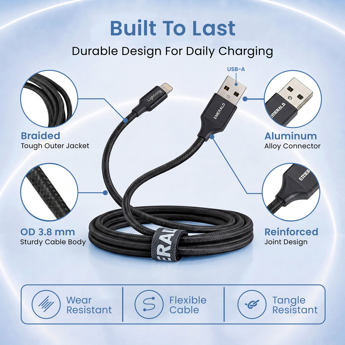 Emerald 6ft Braided USB-A to Lightning, Fast Charging & Data Syncing Cable Compatible with iPhone
