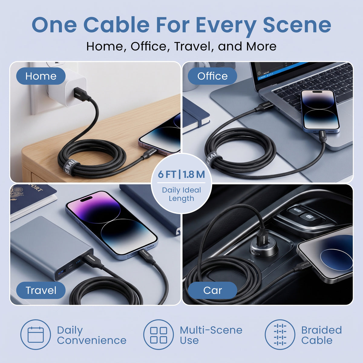 Emerald 6ft Braided USB-A to Lightning, Fast Charging & Data Syncing Cable Compatible with iPhone