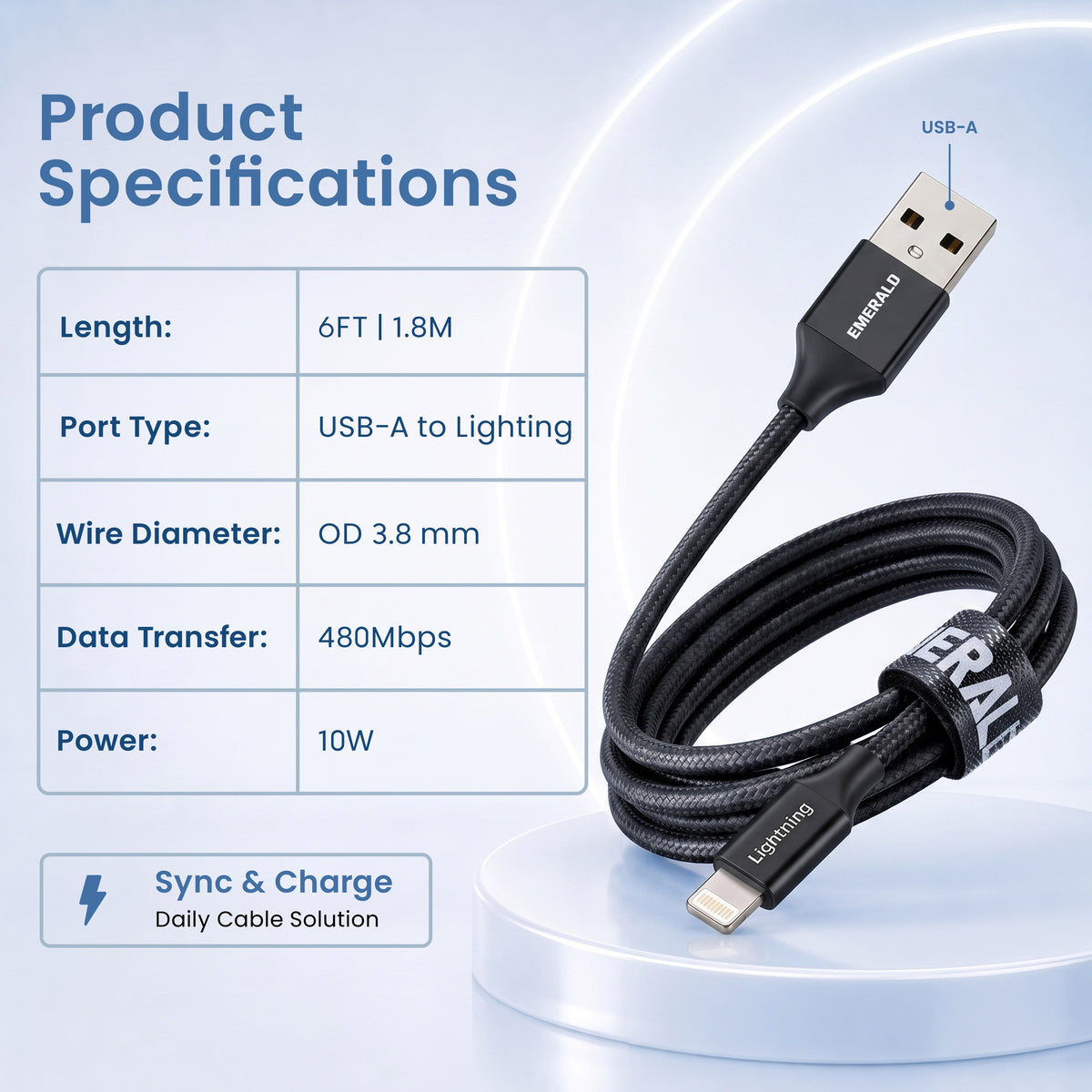 Emerald 6ft Braided USB-A to Lightning, Fast Charging & Data Syncing Cable Compatible with iPhone