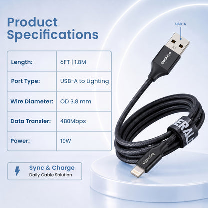 Emerald 6ft Braided USB-A to Lightning, Fast Charging & Data Syncing Cable Compatible with iPhone