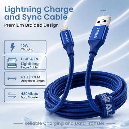 Emerald 6ft Braided USB-A to Lightning, Fast Charging & Data Syncing Cable Compatible with iPhone