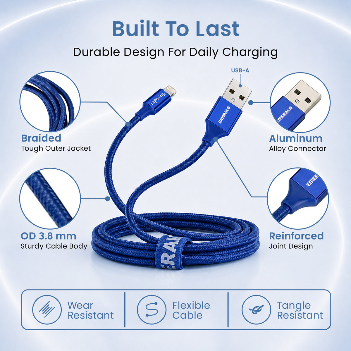 Emerald 6ft Braided USB-A to Lightning, Fast Charging & Data Syncing Cable Compatible with iPhone
