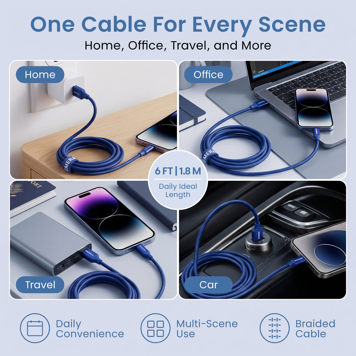 Emerald 6ft Braided USB-A to Lightning, Fast Charging & Data Syncing Cable Compatible with iPhone
