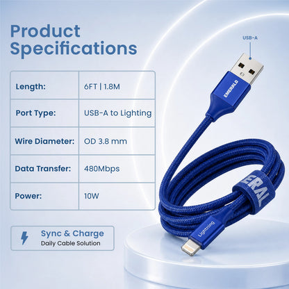 Emerald 6ft Braided USB-A to Lightning, Fast Charging & Data Syncing Cable Compatible with iPhone