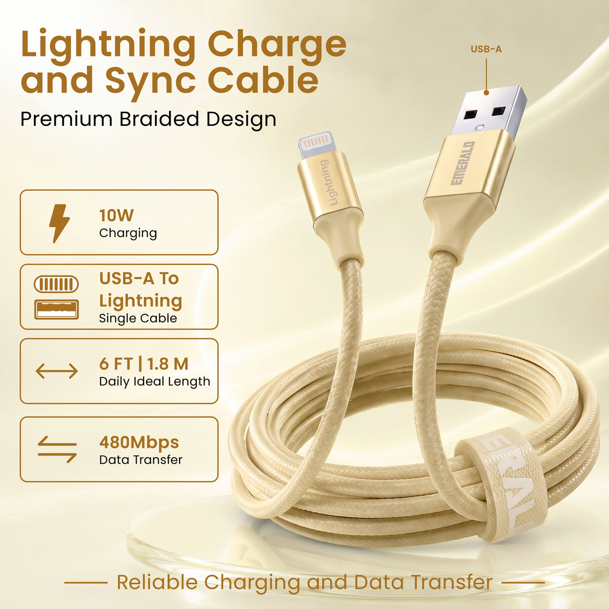 Emerald 6ft Braided USB-A to Lightning, Fast Charging & Data Syncing Cable Compatible with iPhone