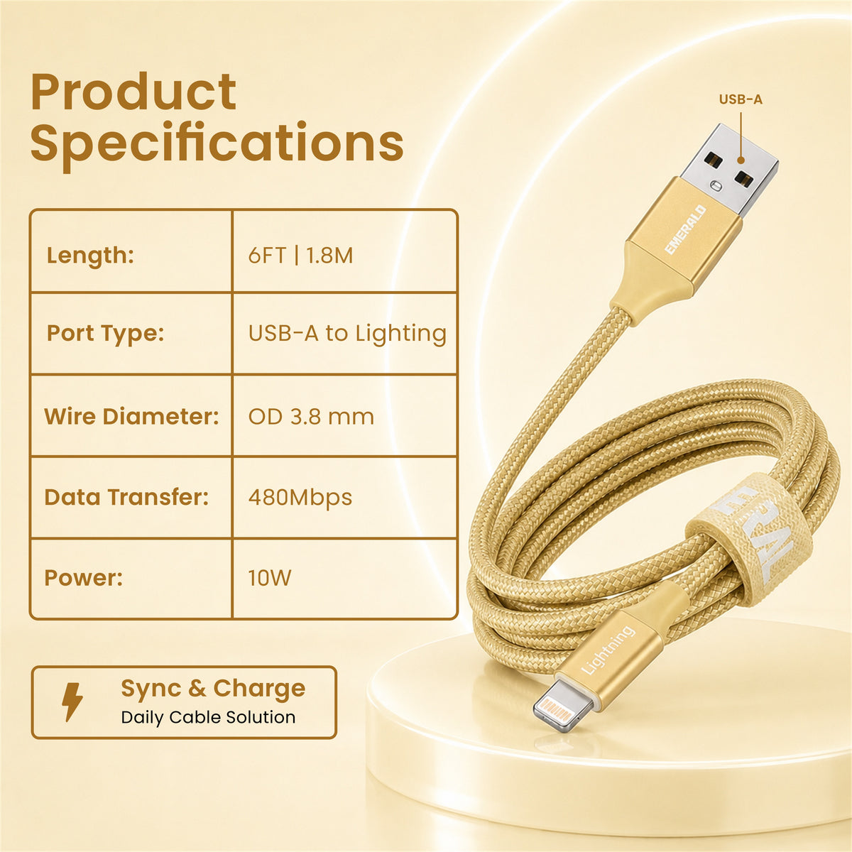 Emerald 6ft Braided USB-A to Lightning, Fast Charging & Data Syncing Cable Compatible with iPhone