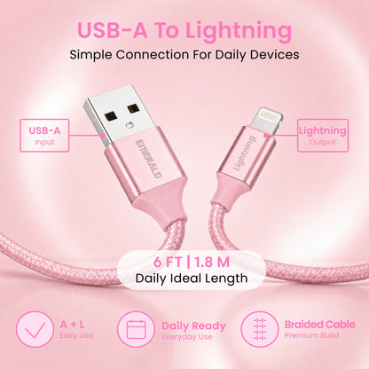 Emerald 6ft Braided USB-A to Lightning, Fast Charging & Data Syncing Cable Compatible with iPhone