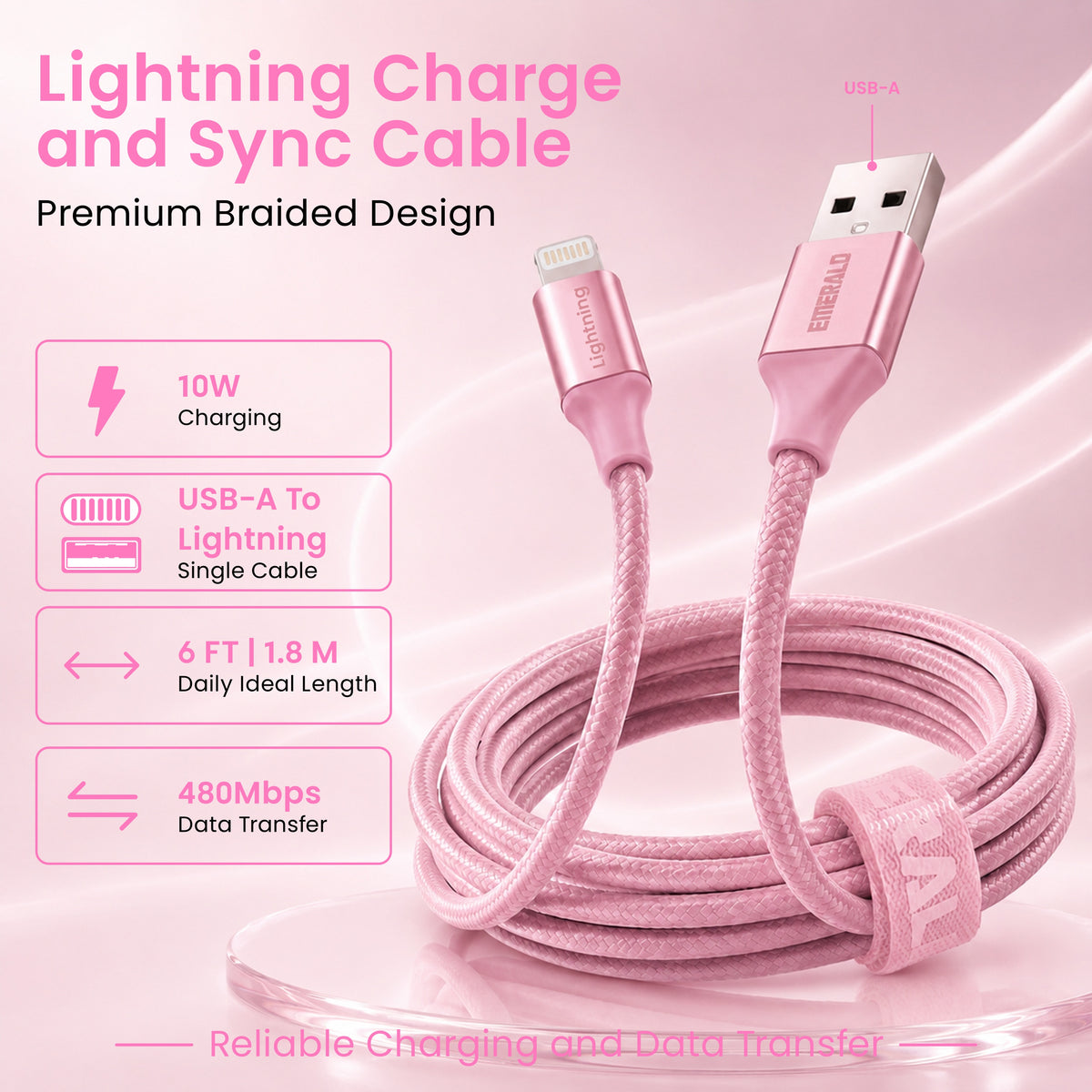 Emerald 6ft Braided USB-A to Lightning, Fast Charging & Data Syncing Cable Compatible with iPhone