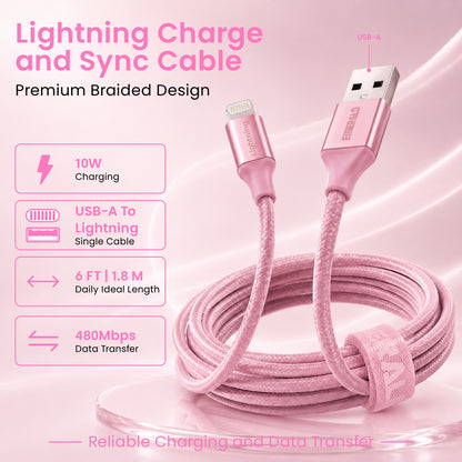 Emerald 6ft Braided USB-A to Lightning, Fast Charging & Data Syncing Cable Compatible with iPhone