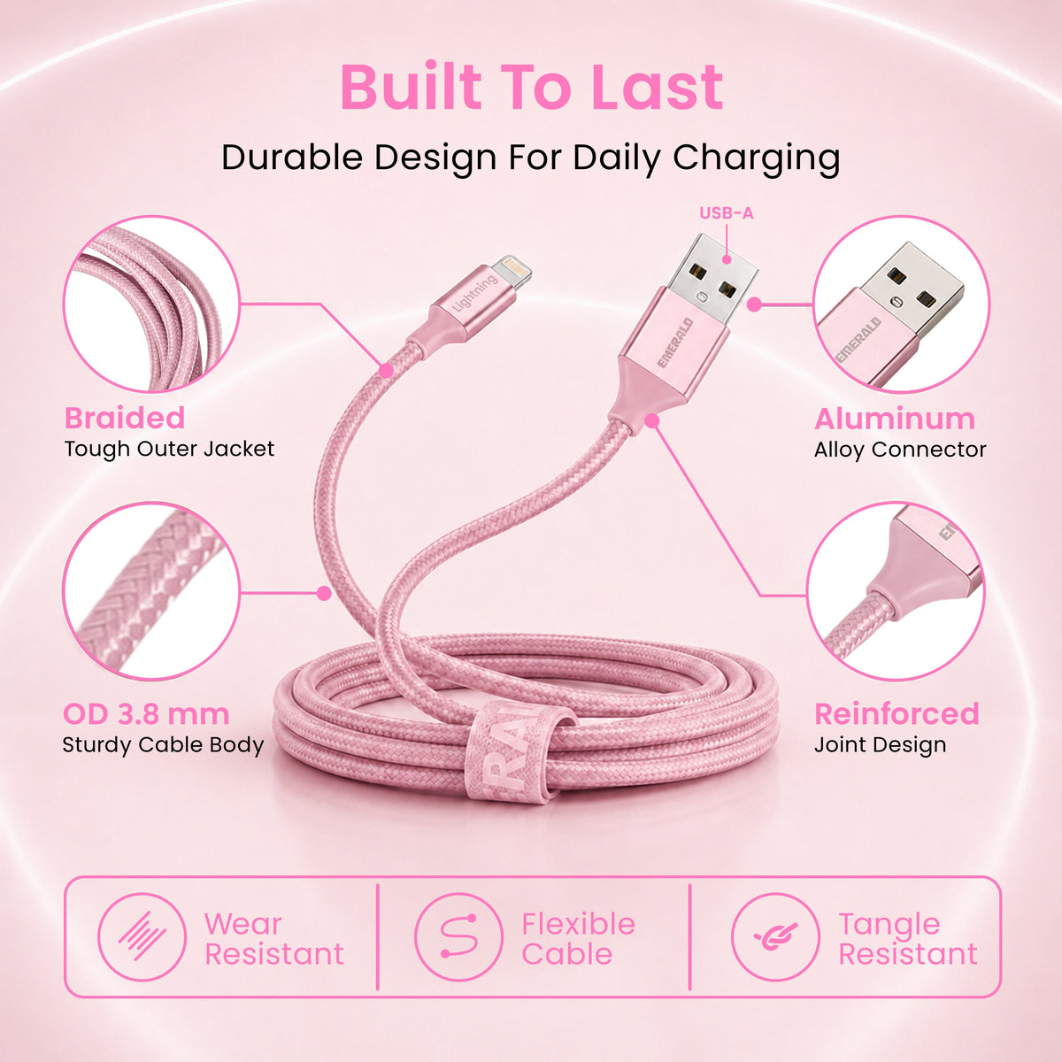 Emerald 6ft Braided USB-A to Lightning, Fast Charging & Data Syncing Cable Compatible with iPhone