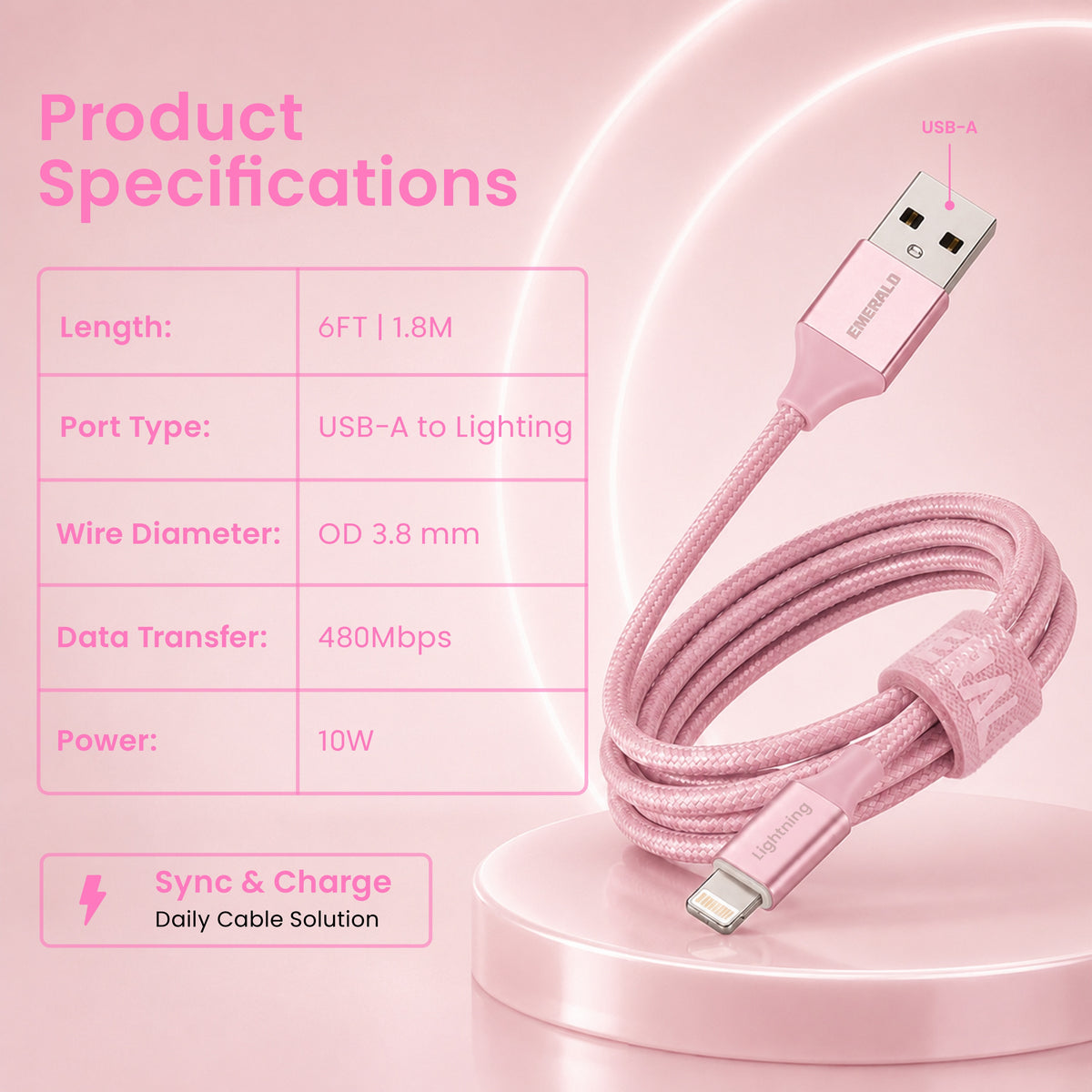 Emerald 6ft Braided USB-A to Lightning, Fast Charging & Data Syncing Cable Compatible with iPhone