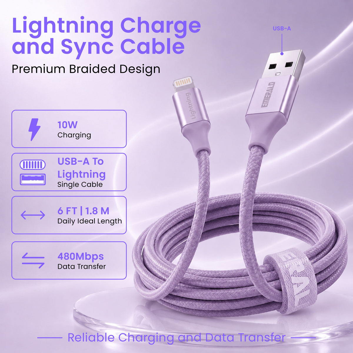 Emerald 6ft Braided USB-A to Lightning, Fast Charging & Data Syncing Cable Compatible with iPhone