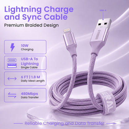 Emerald 6ft Braided USB-A to Lightning, Fast Charging & Data Syncing Cable Compatible with iPhone