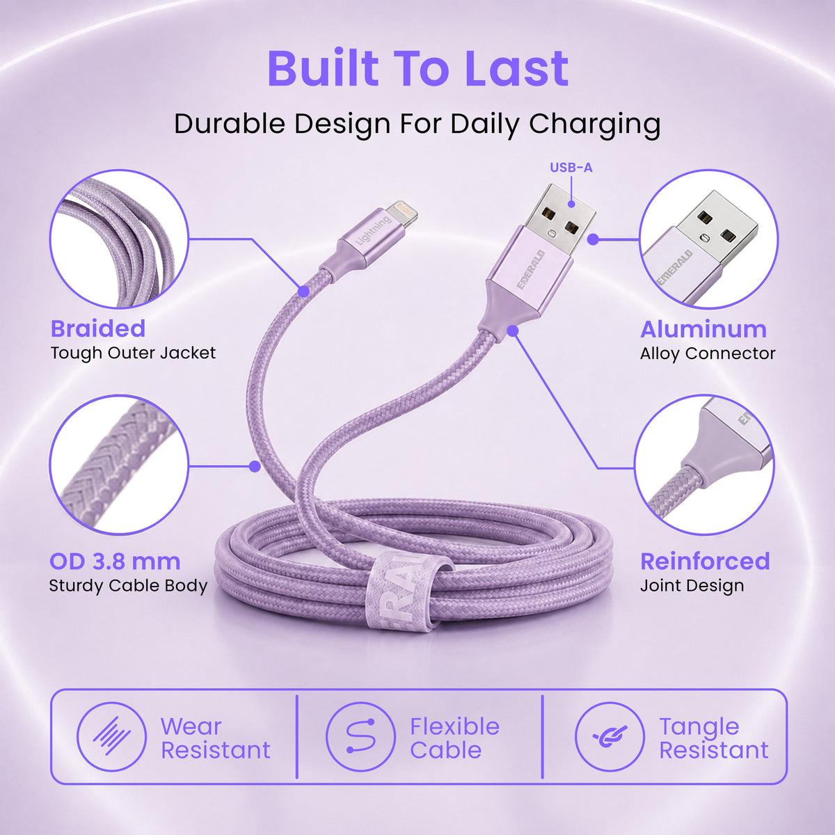 Emerald 6ft Braided USB-A to Lightning, Fast Charging & Data Syncing Cable Compatible with iPhone