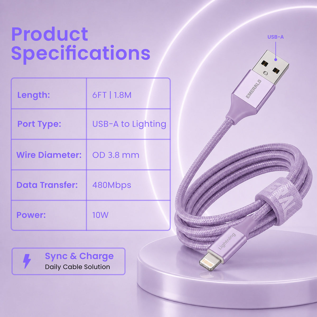 Emerald 6ft Braided USB-A to Lightning, Fast Charging & Data Syncing Cable Compatible with iPhone