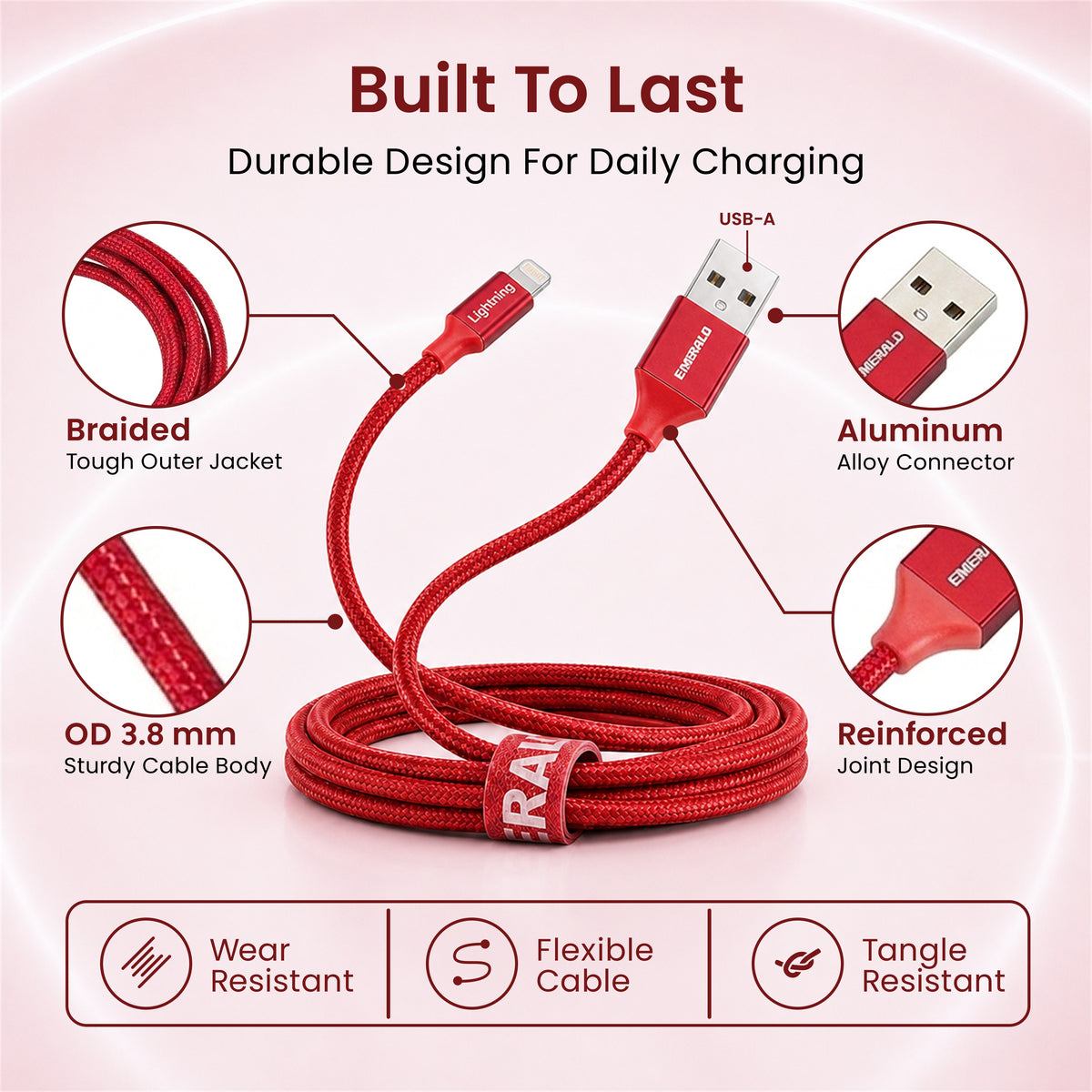Emerald 6ft Braided USB-A to Lightning, Fast Charging & Data Syncing Cable Compatible with iPhone