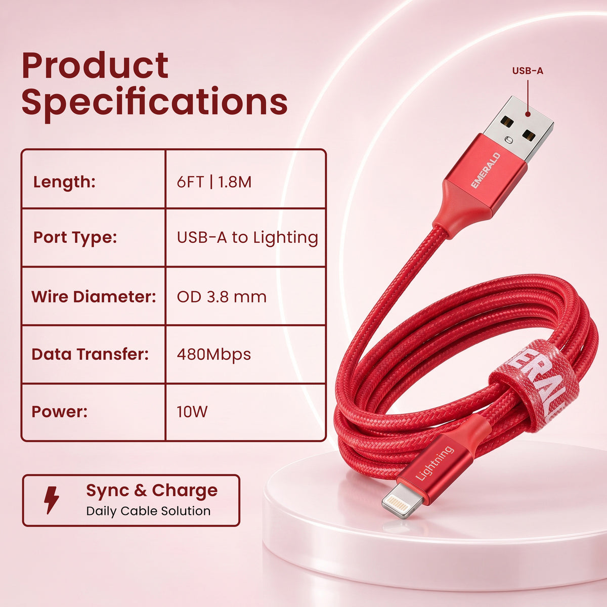 Emerald 6ft Braided USB-A to Lightning, Fast Charging & Data Syncing Cable Compatible with iPhone