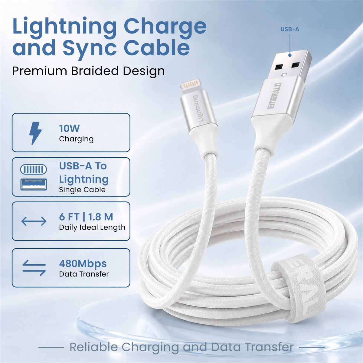 Emerald 6ft Braided USB-A to Lightning, Fast Charging & Data Syncing Cable Compatible with iPhone
