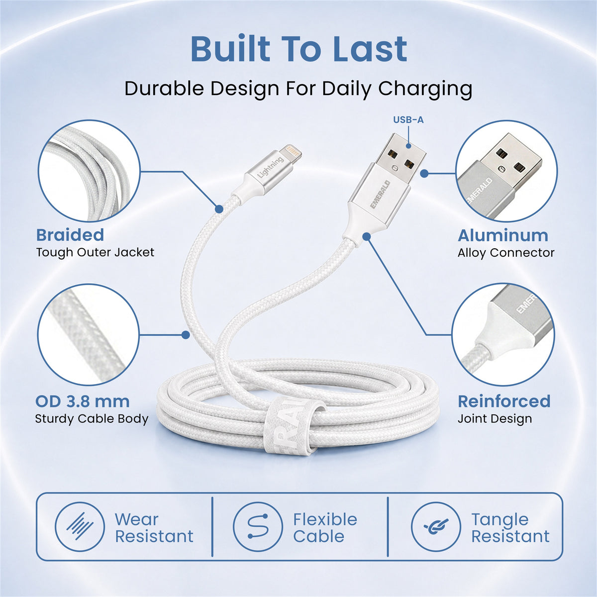 Emerald 6ft Braided USB-A to Lightning, Fast Charging & Data Syncing Cable Compatible with iPhone
