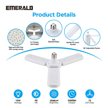 Emerald 3-Panel Adjustable LED Light, 3500 Lumens, 6500K Daylight, 15W E26 Base
