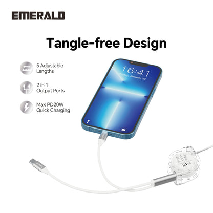 Emerald 3.3ft 2-in-1 Retractable USB-A to Lightning & Type-C, Fast Charging & Data Syncing Cable